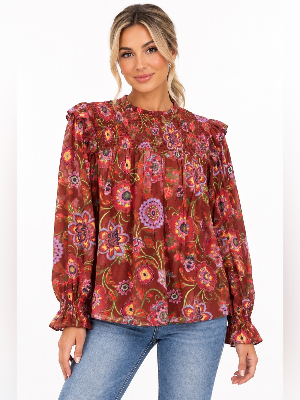 Floral Smocked Yoke Blouse in Burgundy